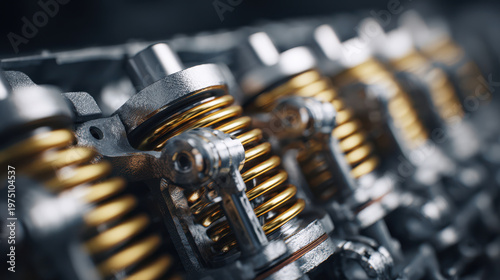 Automobile engine valve springs with metallic components in close up detailed shot showing mechanical parts and shiny gold coils