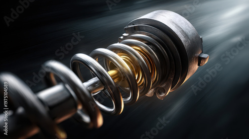 Close up of shiny metal coil spring and mechanical component with dynamic lighting and motion blur effect