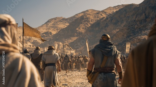 A wide daylight scene of israelite warriors pausing before fortified canaanite cities as they withdraw toward the hills, showing hesitation and incomplete conquest under clear daylight.