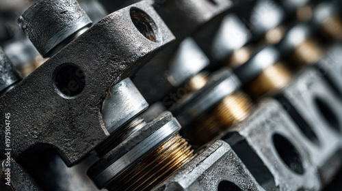 Close up of heavy mechanical rocker arm with metal texture and threaded bolt in industrial machinery part