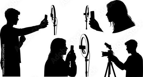 Gen Z Content Creator Filming Vlog with Smartphone and Ring Light, Modern Social Media Influencer Working in Home Studio with Neon Lights - Stock Vector 