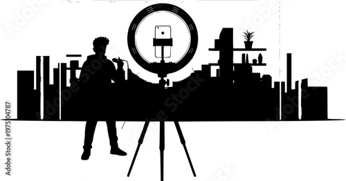 Gen Z Content Creator Filming Vlog with Smartphone and Ring Light, Modern Social Media Influencer Working in Home Studio with Neon Lights - Stock Vector 