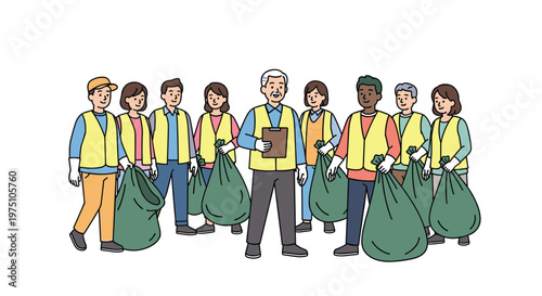 A diverse team of community volunteers wearing bright yellow safety vests pose together while holding large green trash bags after a successful park cleanup event.