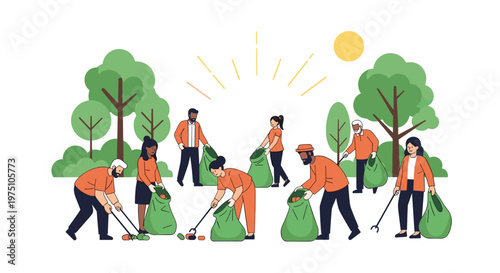 A group of environmentally conscious people gather litter into large green bags during a sunny community cleanup event in a beautiful public park setting on white.