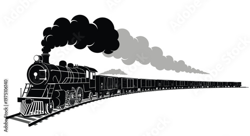 A powerful black steam train rounds a curved track with massive plumes of dark smoke trailing behind in a dramatic and high-contrast perspective view.