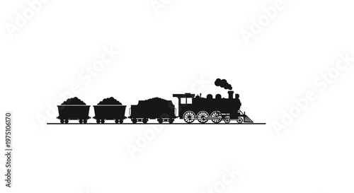 A classic vintage steam locomotive pulls several heavy coal wagons across a minimalist landscape in this stark black silhouette against a white background.