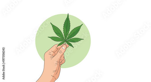 A clean graphic illustration of a hand presenting a single green marijuana leaf set against a soft pastel green circular shape on a white background.