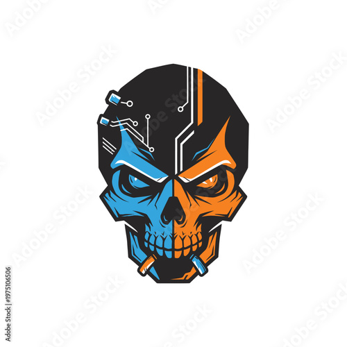 A futuristic skull illustration on transparent background with circuit board design.