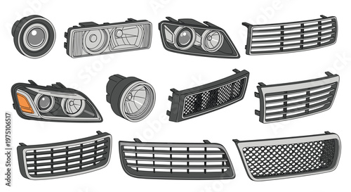 An extensive assortment of stylized automotive exterior parts showcasing various headlight designs and radiator grille patterns displayed in a clean layout.
