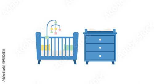 A charming blue wooden nursery set featuring a classic slatted crib with a hanging mobile and a matching three-drawer dresser against a clean white backdrop.