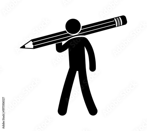 Stickman Holding Pencil – Writing and Drawing Tool Silhouette Vector Icon.