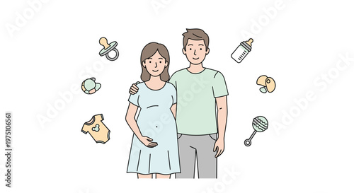 A happy pregnant couple stands together surrounded by floating baby icons like a bottle and rattle in a simple line art style on a white background.