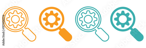 Business analysis symbol with magnifying glass and gear vector icons, SEO optimization concept set, data analytics, search strategy, digital marketing, research tools, flat line design elements