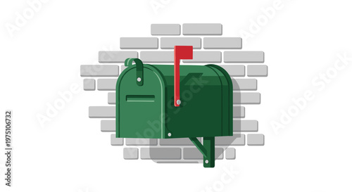 A sturdy dark green mailbox is mounted against a textured grey brick wall background providing a classic and reliable look for residential mail delivery.