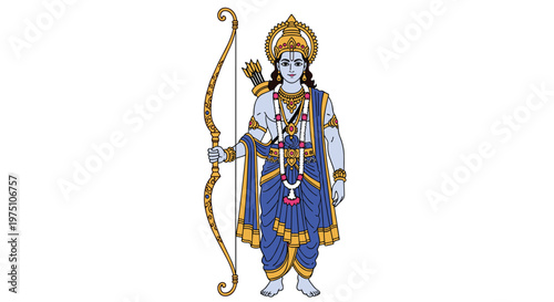 A majestic illustration of Lord Rama standing tall with a golden bow and blue skin against a pristine white background in a traditional artistic style.