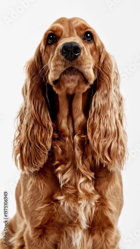 A portrait of a beautiful golden brown dog with long ears looking directly at the camera against a clean white background