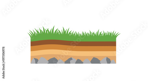 A clean and simplified geological diagram illustrates a vibrant patch of green grass growing above several horizontal layers of brown soil and grey rocks.