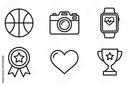 Collection of thin line icons for sports hobby photography and healthcare featuring basketball camera smartwatch award heart and trophy