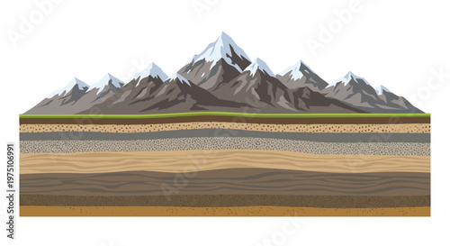 A detailed geological cross-section reveals various colorful layers of sediment and rock situated beneath a series of jagged snowy mountain peaks today.