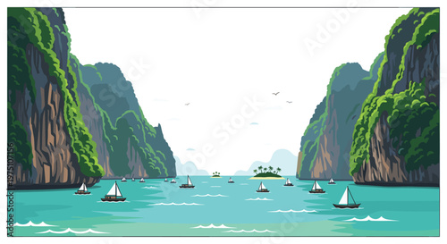 A stunning tropical bay illustration features numerous white sailboats gliding through turquoise waters between towering green limestone cliffs under a bright clear sky.