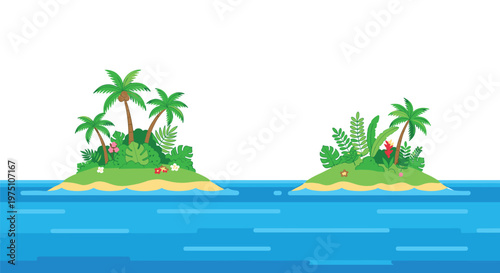 A vibrant tropical illustration showcases two small lush green islands filled with palm trees and exotic flowers floating on a calm blue layered sea water.