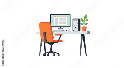 A vibrant front-facing office setup displays a sleek white desk holding a computer monitor and tower next to a striking orange ergonomic swivel desk chair.