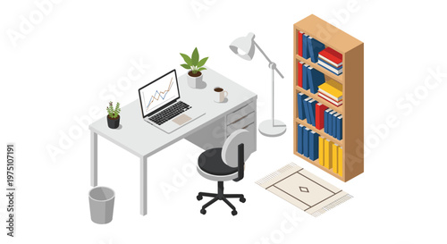 A clean isometric office workspace illustration features a white desk with a laptop showing charts, a grey swivel chair, and a tall wooden bookcase filled with books.