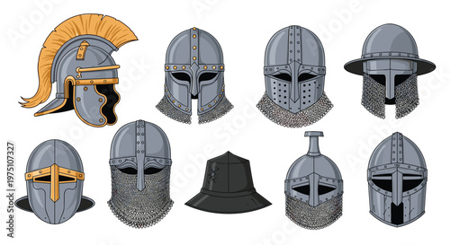 A comprehensive collection of nine distinct medieval knight and soldier helmets featuring various designs and chainmail details is arranged on a white background.