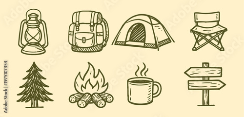 Camping icons set hand drawn doodle vector illustration, outdoor adventure collection with tent, campfire, backpack, trees, mountains, hiking equipment, nature travel symbols in sketch style