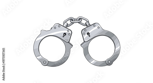 A pair of meticulously detailed metallic steel handcuffs connected by a short heavy chain is displayed in an open position against a white background.