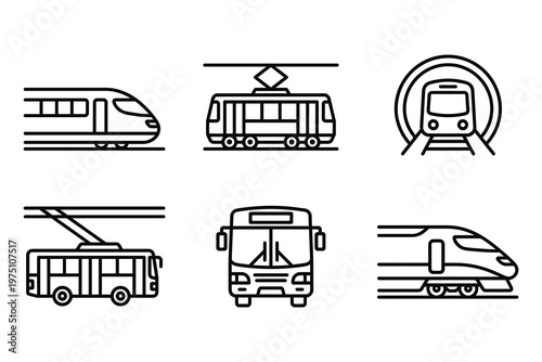 Public transportation line icons set featuring high speed train tram subway tunnel trolleybus and city bus front and side views, transport