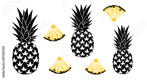 A creative graphic set featuring three whole pineapples and four sliced wedges rendered in bold black silhouettes with intricate yellow geometric patterns and stars.
