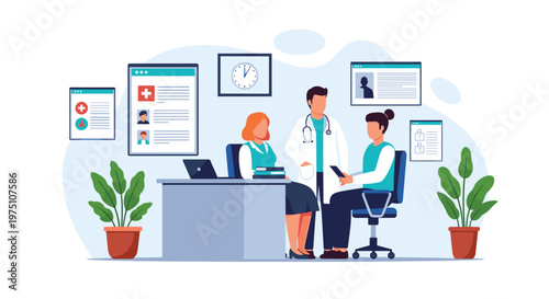 A busy healthcare consultation room illustration showing three diverse medical staff members interacting with a patient near a grey desk under bright indoor lighting.