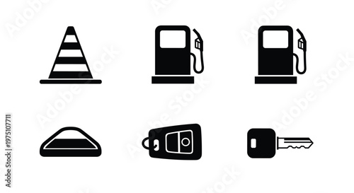 A set of six minimalist black icons depicting various automotive and road safety elements such as fuel pumps and car keys on a plain white background.