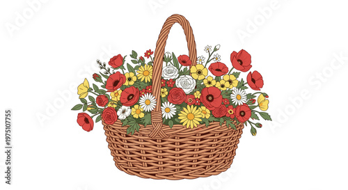 An elegant wicker basket with a sturdy handle holds a lush and diverse bouquet of red poppies and yellow wildflowers in a bright natural setting.