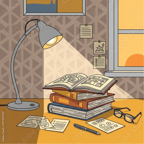 Stack of Books Open Pages Under Reading Lamp.