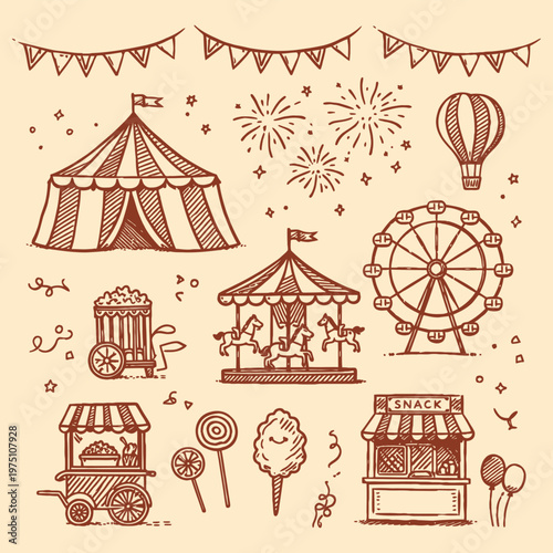 Carnival amusement park icons doodle set vector illustration, hand drawn funfair collection with ferris wheel, carousel, roller coaster, tickets, balloons, circus elements in sketch style