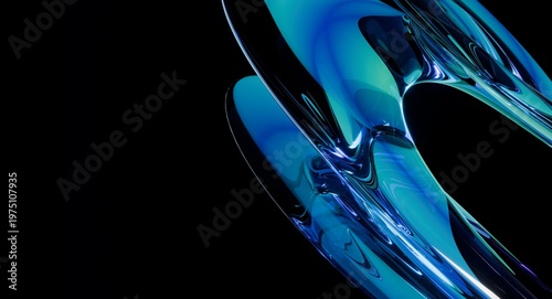 Bild auf Leinwand Abstract blue and turquoise glass liquid flow helix, fluid flow curve shape with