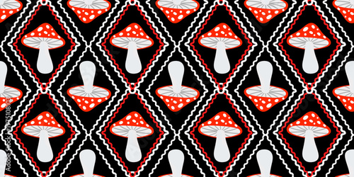 seamless pattern with red amanita mushrooms and geometric rhombus on black background hand drawn autumn toadstools vector