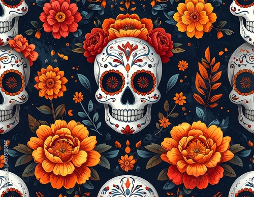 A vibrant seamless pattern featuring decorated skulls surrounded by colorful flowers on a dark background