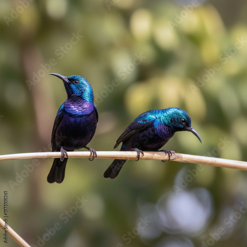 Souimanga asiatico purple sunbirds perching on branch in nature