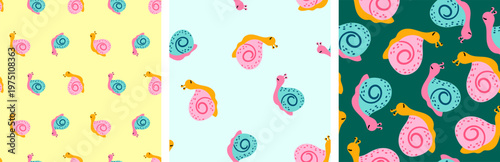 cute hand drawn snail seamless pattern set with colorful garden mollusks for kids nursery textile wallpaper and fabric decor