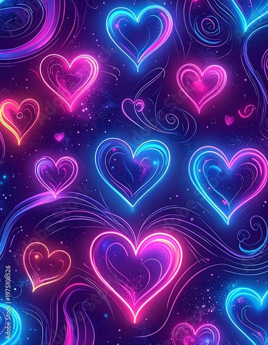 A vibrant, seamless pattern featuring glowing, neon-style hearts of varying sizes and colors on a dark cosmic background