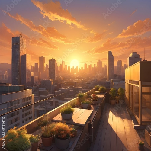 Modern City Balcony View at Sunset with Skyscrapers