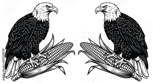 Bald eagles perch proudly on ripe corn cobs in this detailed black-and-white illustration representing agricultural strength and symbolism.