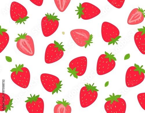 A vibrant, seamless pattern featuring numerous bright red, juicy berries with green leafy tops, scattered on a clean white background