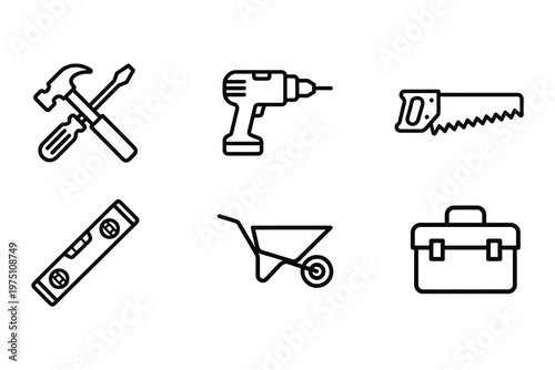 Construction and diy hand tools line icon set with hammer screwdriver power drill hand saw spirit level wheelbarrow toolbox, screwdriver
