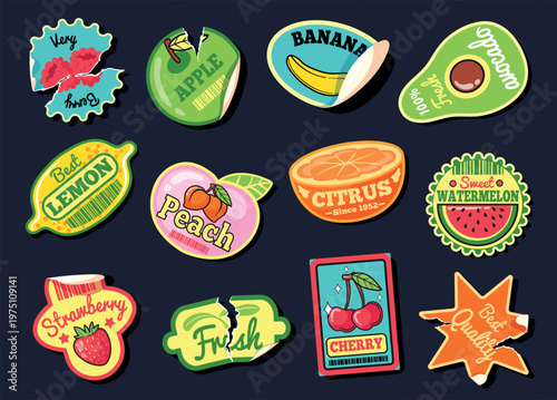 Vintage fruit stickers. Y2k retro badges strawberry groovy summer juice sticker cherry patch banana torn label exotic fruits food emblem design cartoon set neat vector illustration