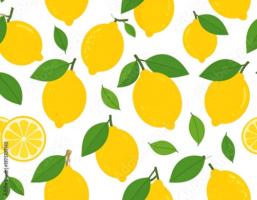 A vibrant seamless pattern featuring scattered yellow citrus fruits, accompanied by fresh green leaves, and slices against a white backdrop