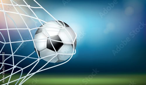 Soccer ball net. Realistic soccer goal hitting net effect, 3d football stadium background penalty shot balls isolated match pro sport competition banner exact vector illustration